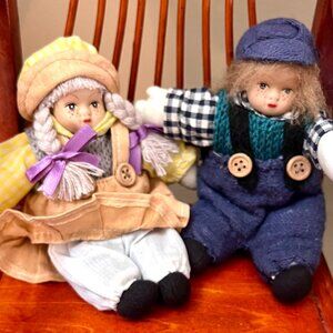 Vintage Pair of HANSEL & GRETEL 5” Cloth Sand Dolls~Hand Painted Porcelain Faces